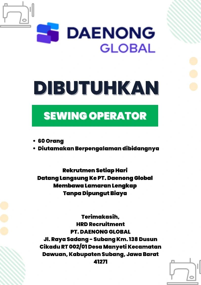 Lowongan Kerja Subang PT Daenong Global Januari 2024 Terbaru LOKER